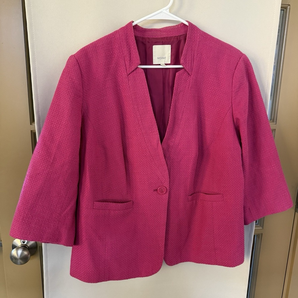 Sejour Womens 14W Pink‎ Tweed Linen Blend 3/4 Sleeve Blazer Jacket Coat